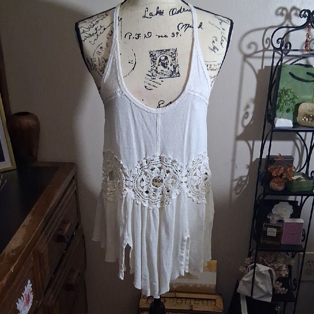 Free People White Lace Crochet Detail Women’s Top Size Medium